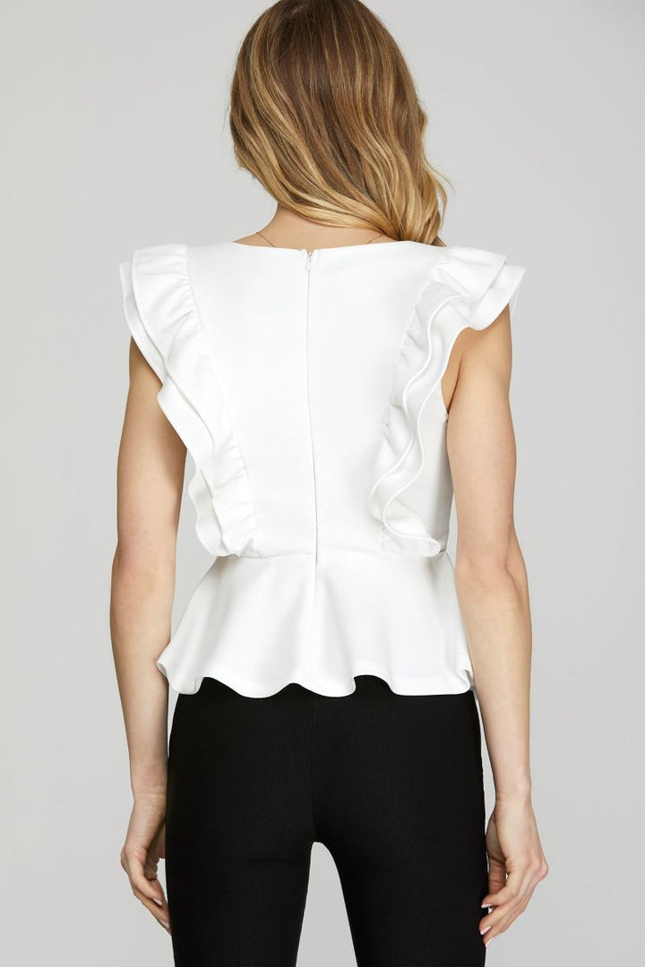 OFF WHITE SLEEVELESS RUFFLED PEPLUM HEAVY KNIT TOP