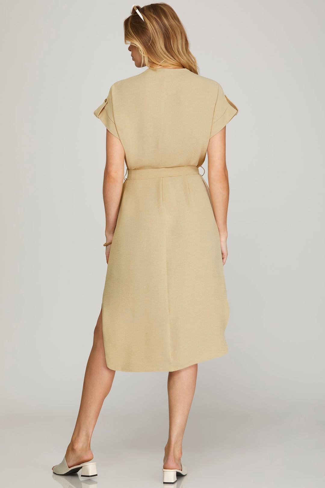TAUPE DROP SHORT SLEEVE WOVEN DRESS-SKSY6971