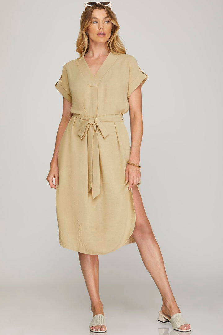 TAUPE DROP SHORT SLEEVE WOVEN DRESS-SKSY6971