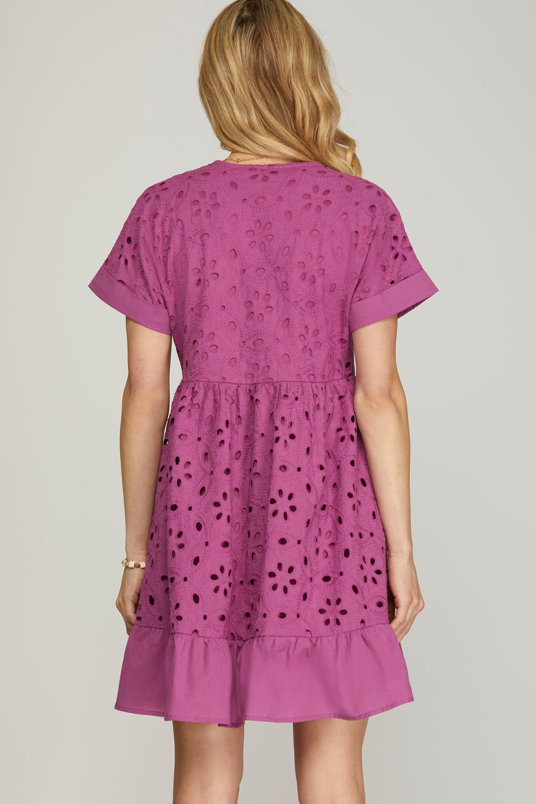 MAGENTA DROP SHOULDER SLEEVE EMBROIDERED DRESS-SKSY7083