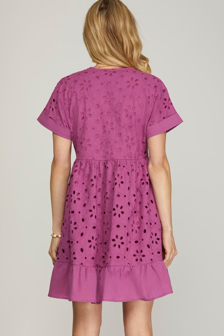 MAGENTA DROP SHOULDER SLEEVE EMBROIDERED DRESS-SKSY7083
