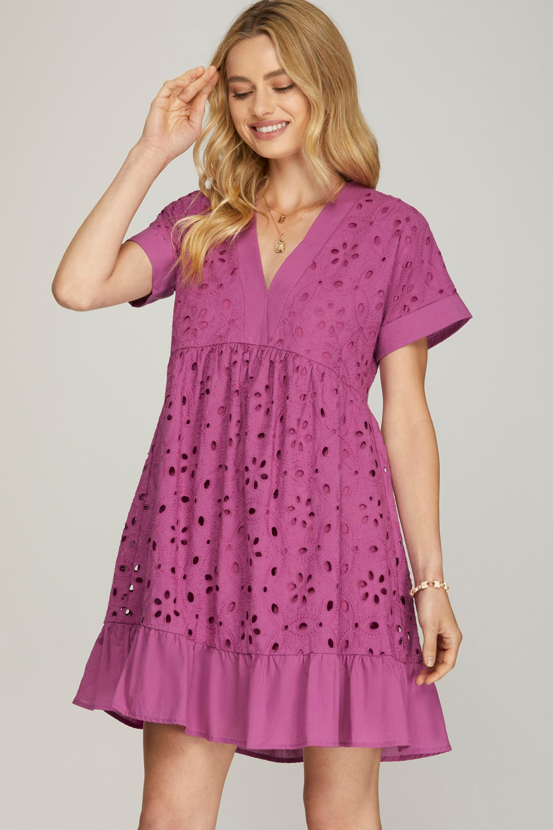 SKSY7083-Wholesale MAGENTA DROP SHOULDER SLEEVE EMBROIDERED DRESS