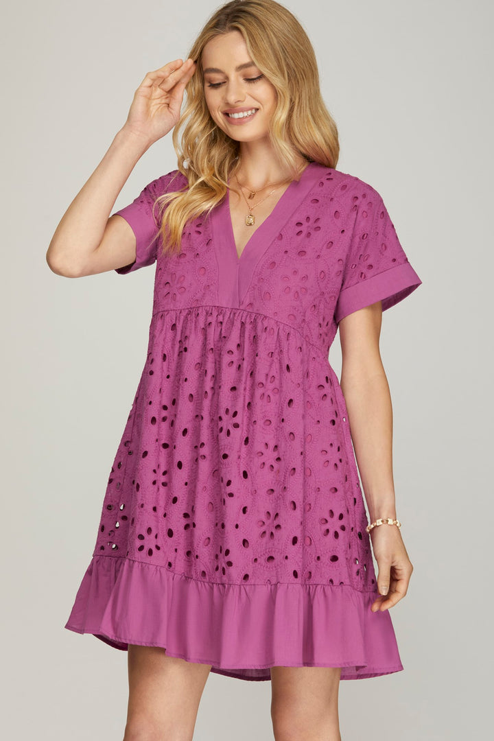 SKSY7083-Wholesale MAGENTA DROP SHOULDER SLEEVE EMBROIDERED DRESS