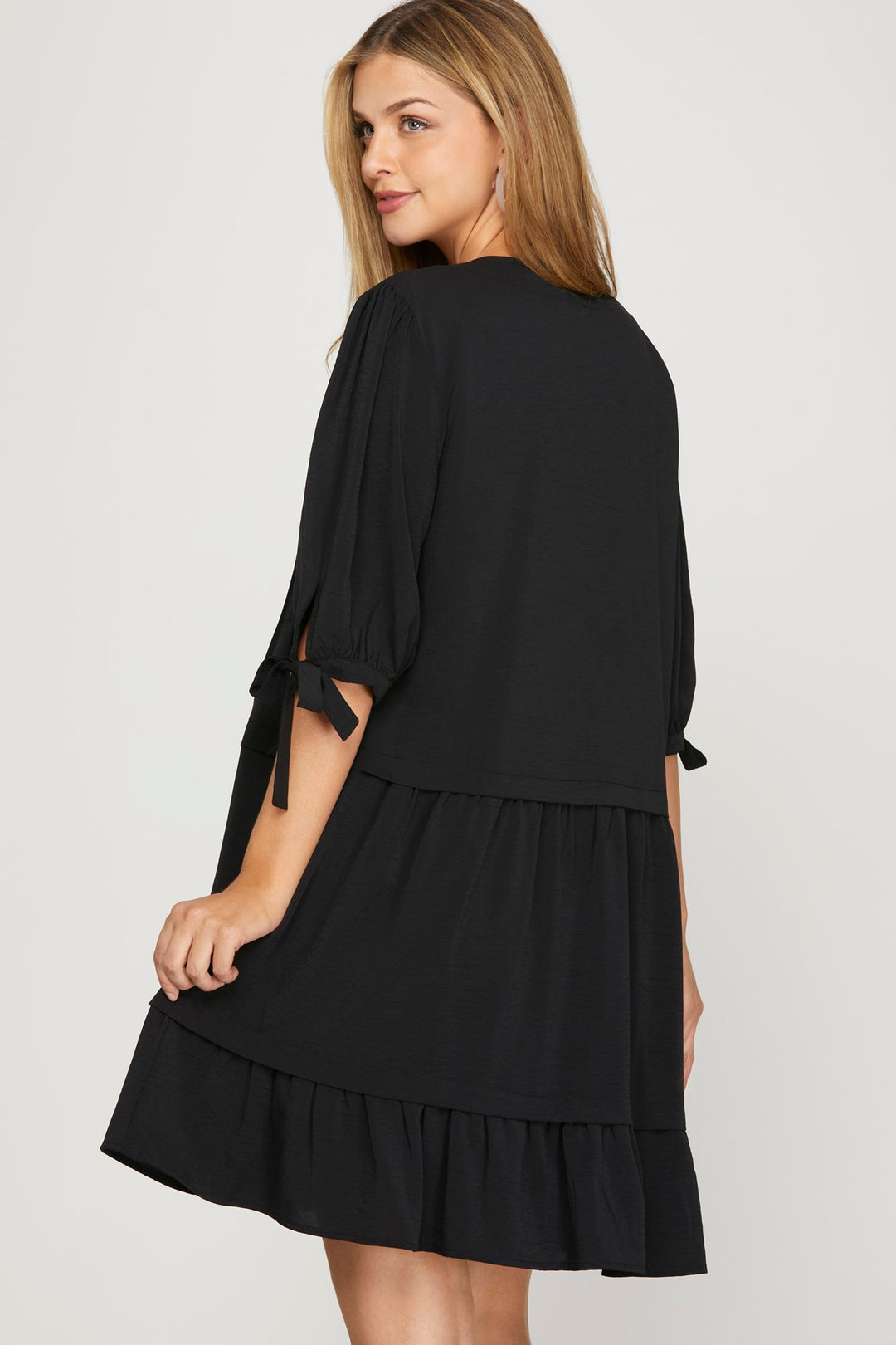 BLACK 1/2 SLEEVE PINTUCK DETAIL MINI DRESS WITH POCKETS-SKSY8350