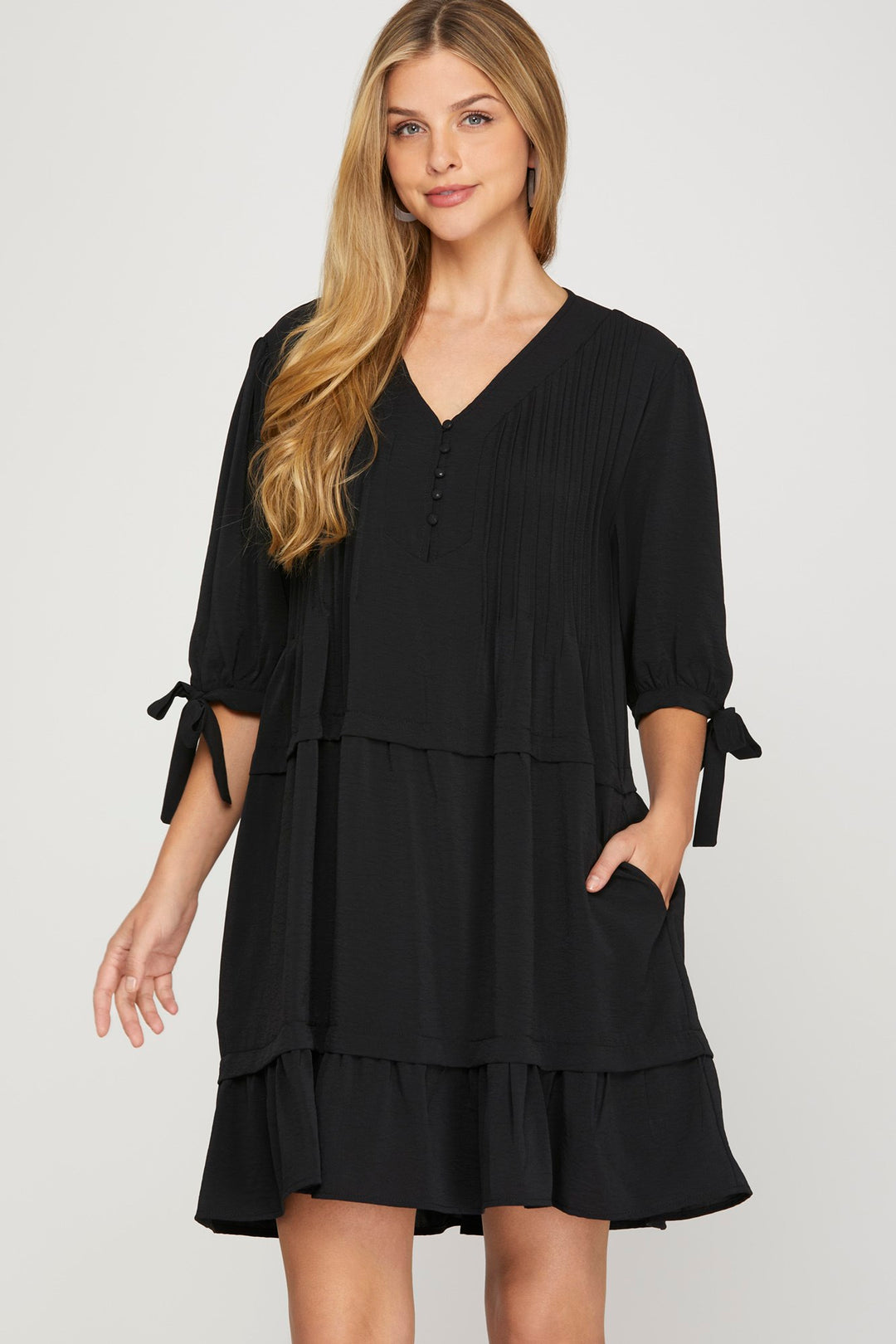 BLACK 1/2 SLEEVE PINTUCK DETAIL MINI DRESS WITH POCKETS-SKSY8350