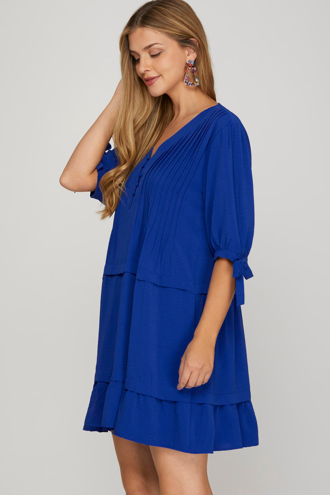 BLUE 1/2 SLEEVE PINTUCK DETAIL MINI DRESS WITH POCKETS-SKSY8350