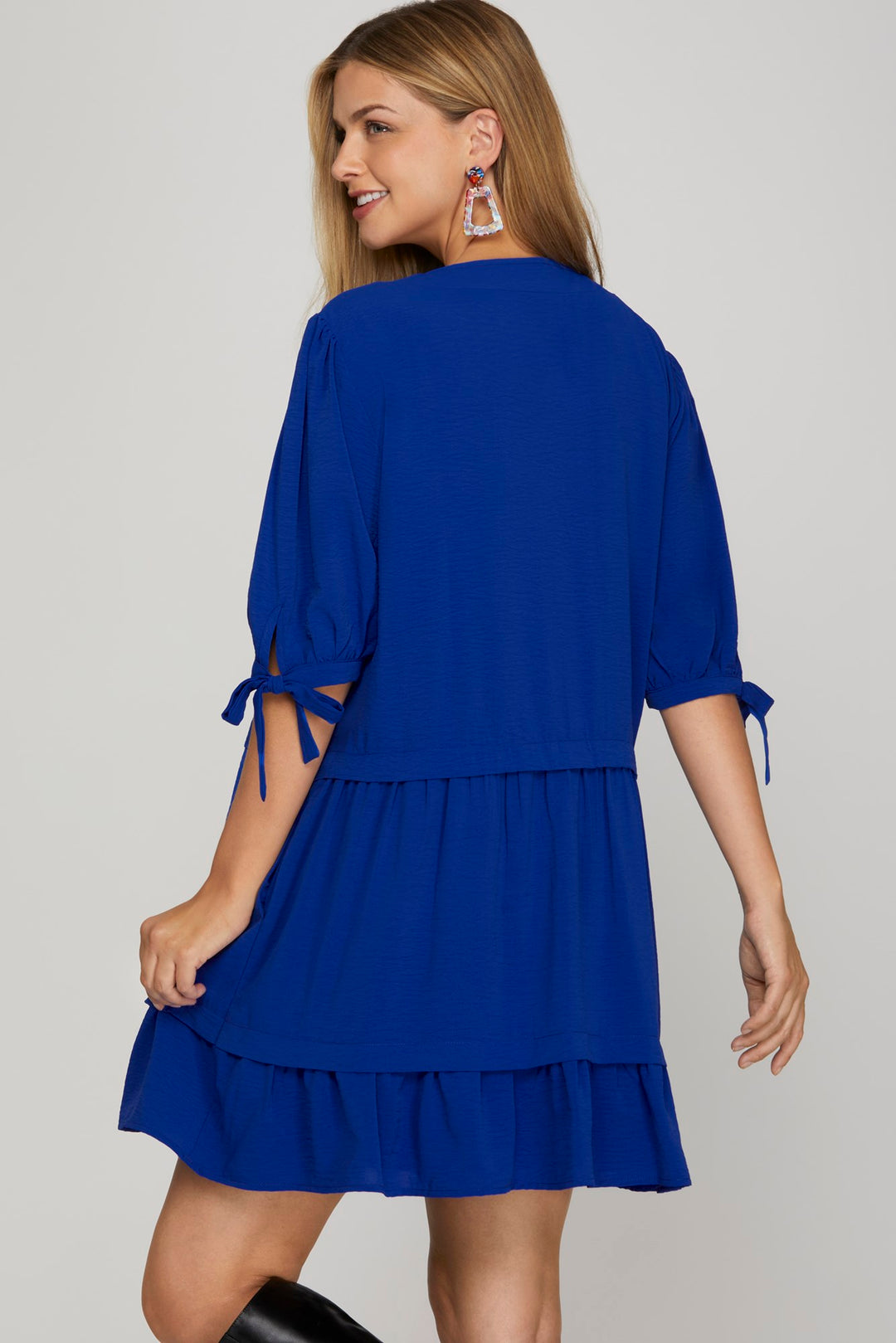 BLUE 1/2 SLEEVE PINTUCK DETAIL MINI DRESS WITH POCKETS-SKSY8350