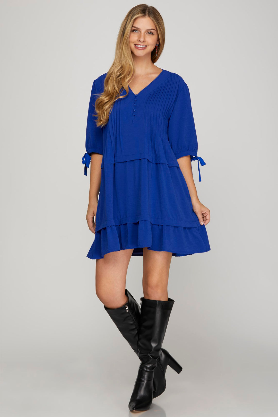 BLUE 1/2 SLEEVE PINTUCK DETAIL MINI DRESS WITH POCKETS-SKSY8350