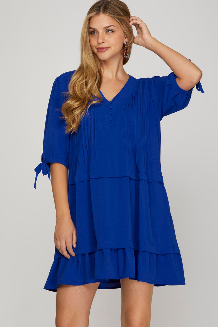 SKSY8350-Wholesale Blue 1/2 SLEEVE PINTUCK DETAIL MINI DRESS WITH POCKETS