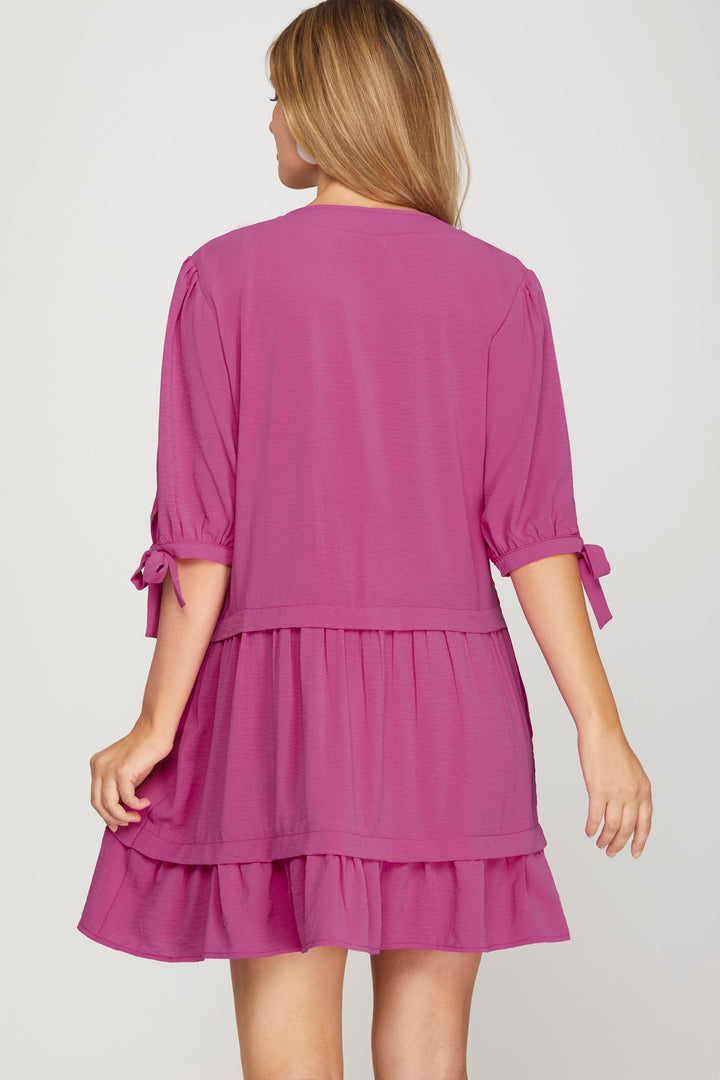MAGENTA 1/2 SLEEVE PINTUCK DETAIL MINI DRESS WITH POCKETS-SKSY8350