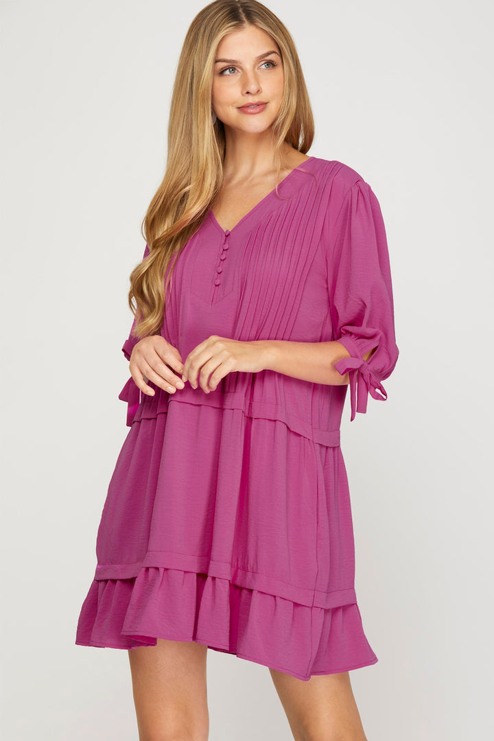 MAGENTA 1/2 SLEEVE PINTUCK DETAIL MINI DRESS WITH POCKETS-SKSY8350