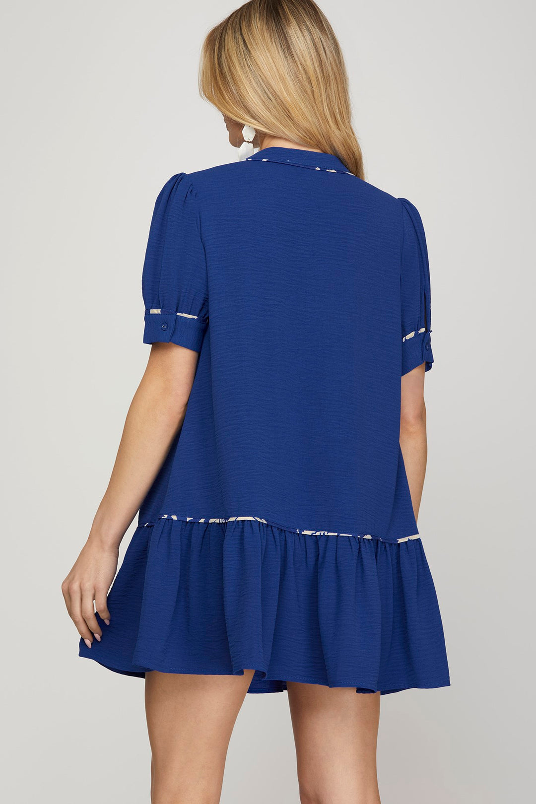 BLUE SHORT SLEEVE CONTRAST PIPING DRESS WITH POCKETS-SKSY8371