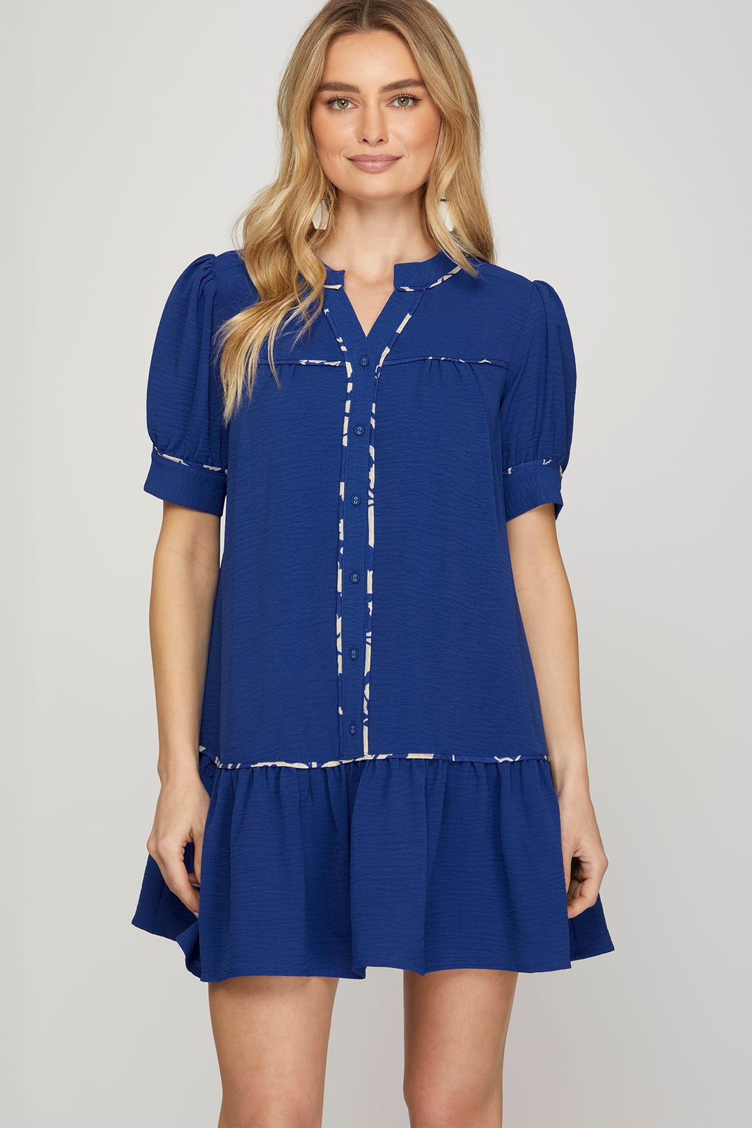 BLUE SHORT SLEEVE CONTRAST PIPING DRESS WITH POCKETS-SKSY8371