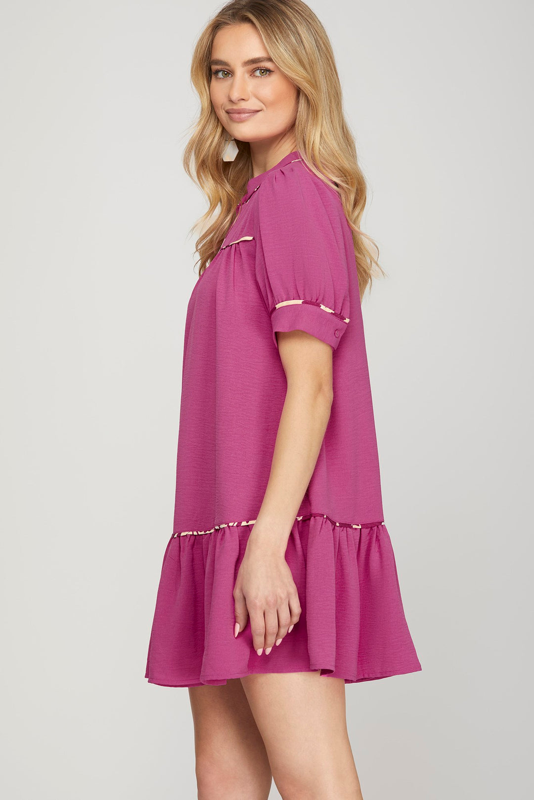 MAGENTA SHORT SLEEVE CONTRAST PIPING DRESS WITH POCKETS-SKSY8371