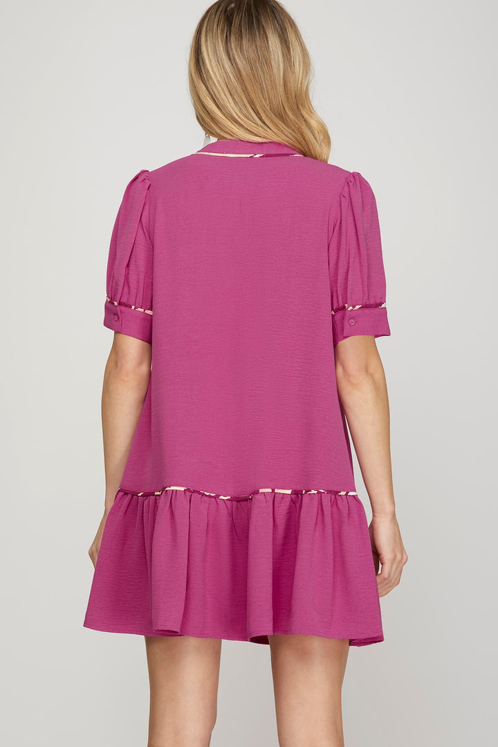 MAGENTA SHORT SLEEVE CONTRAST PIPING DRESS WITH POCKETS-SKSY8371
