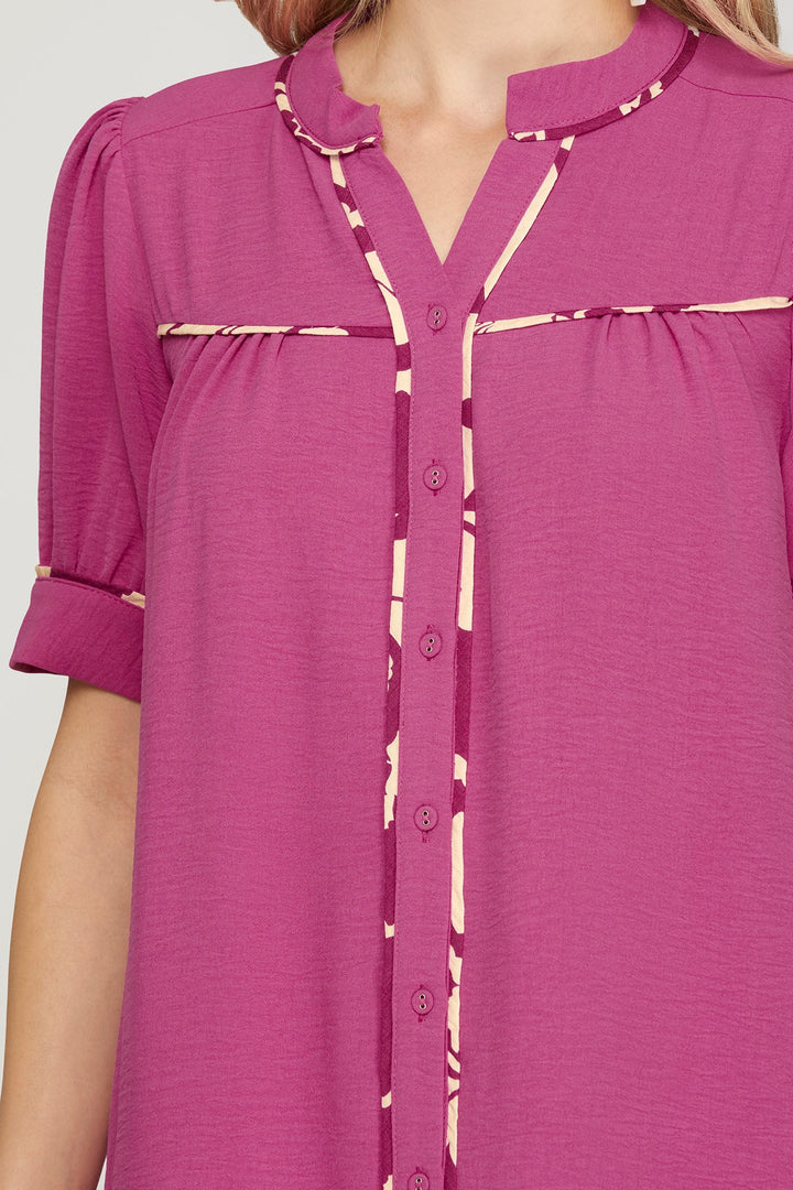 MAGENTA SHORT SLEEVE CONTRAST PIPING DRESS WITH POCKETS-SKSY8371