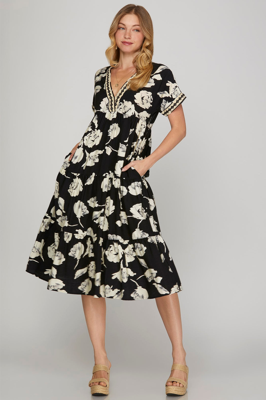 SHORT SLEEVE WOVEN PRINT TIERED MIDI DRESS-SKSY8374