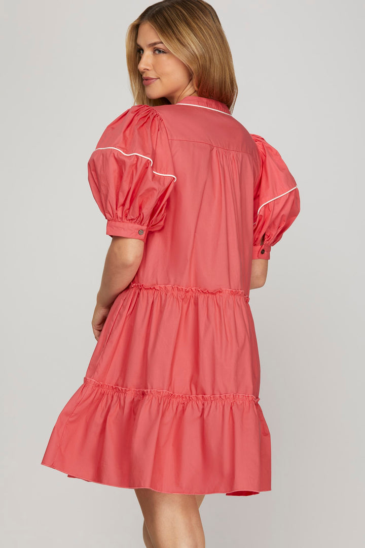 CORAL 1/2 SLEEVE EMBROIDERED TIERED WOVEN MINI DRESS-SKSY8419