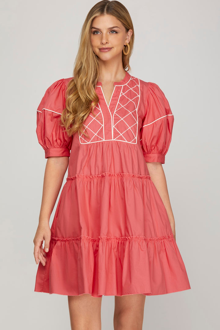 SKSY8419-Wholesale Coral 1/2 SLEEVE EMBROIDERED TIERED WOVEN MINI DRESS