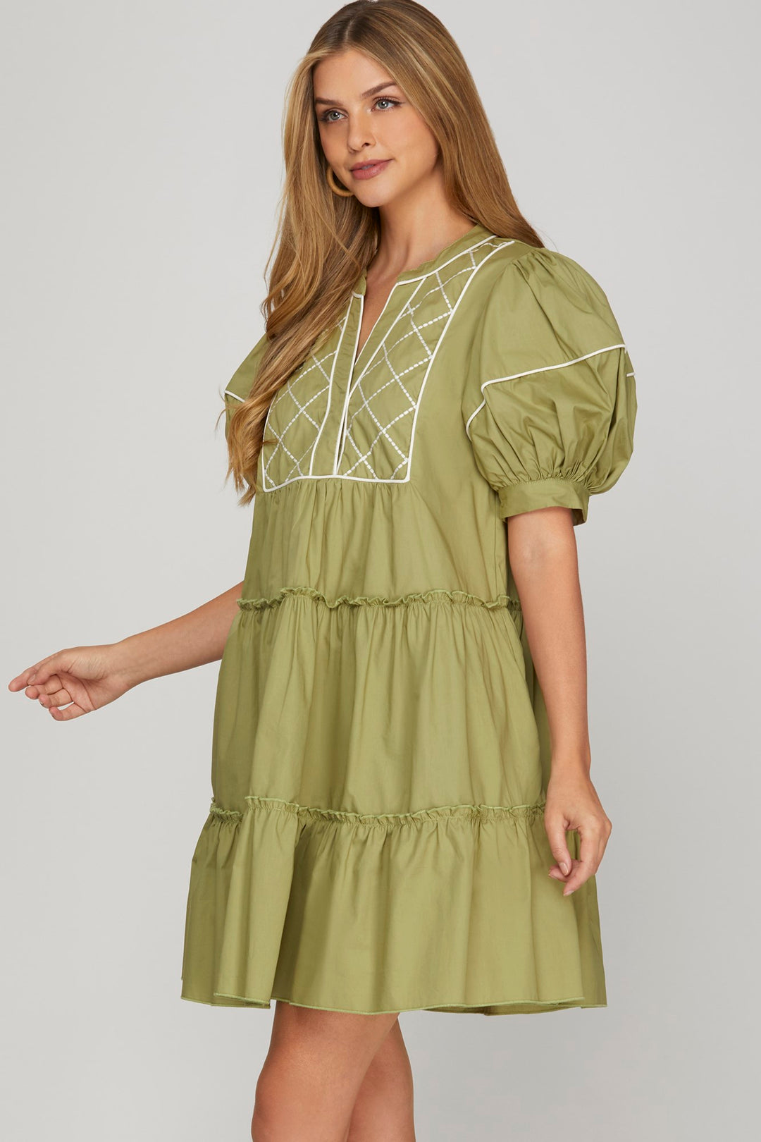 SAGE 1/2 SLEEVE EMBROIDERED TIERED WOVEN MINI DRESS-SKSY8419