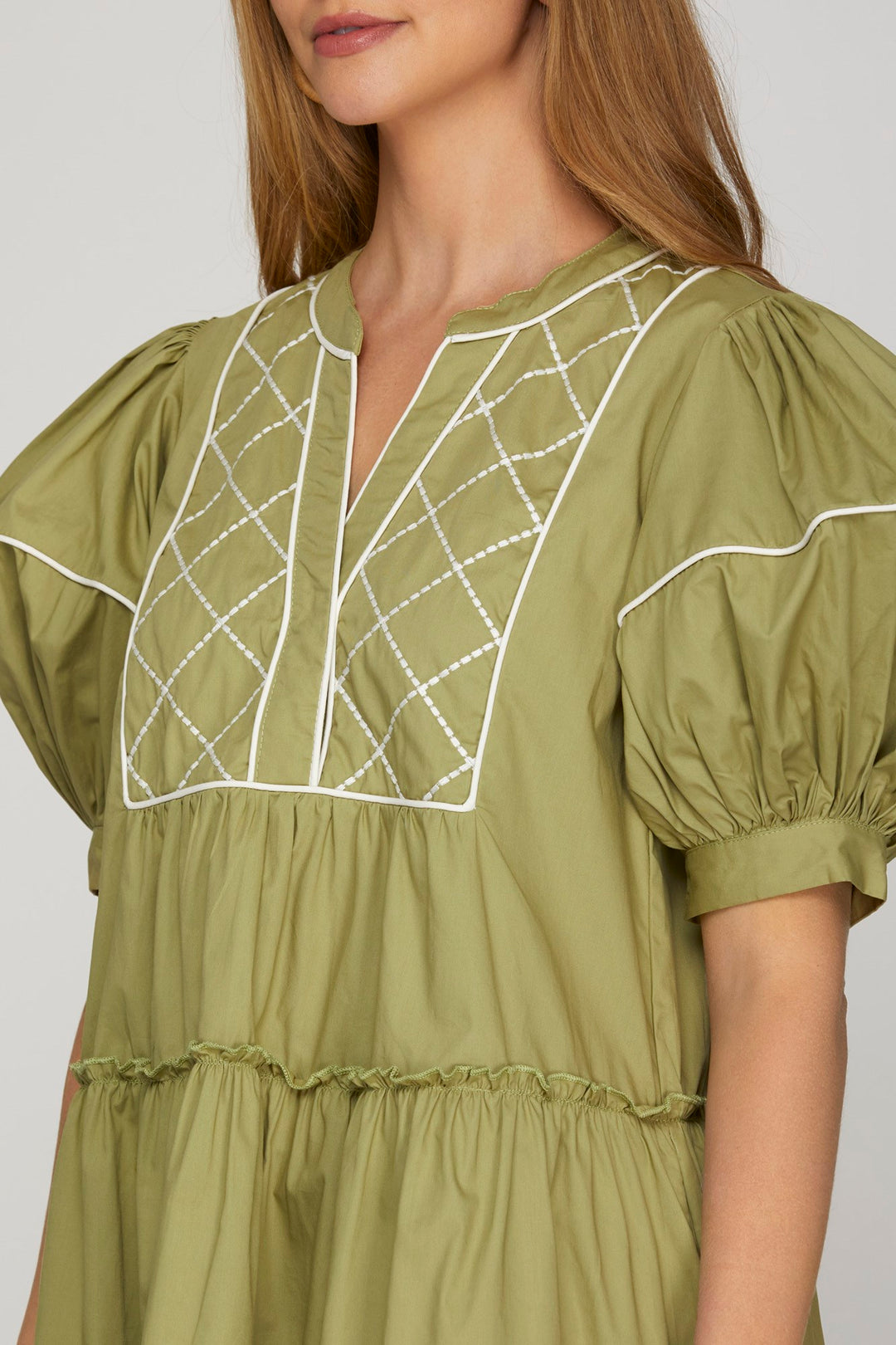 SAGE 1/2 SLEEVE EMBROIDERED TIERED WOVEN MINI DRESS-SKSY8419