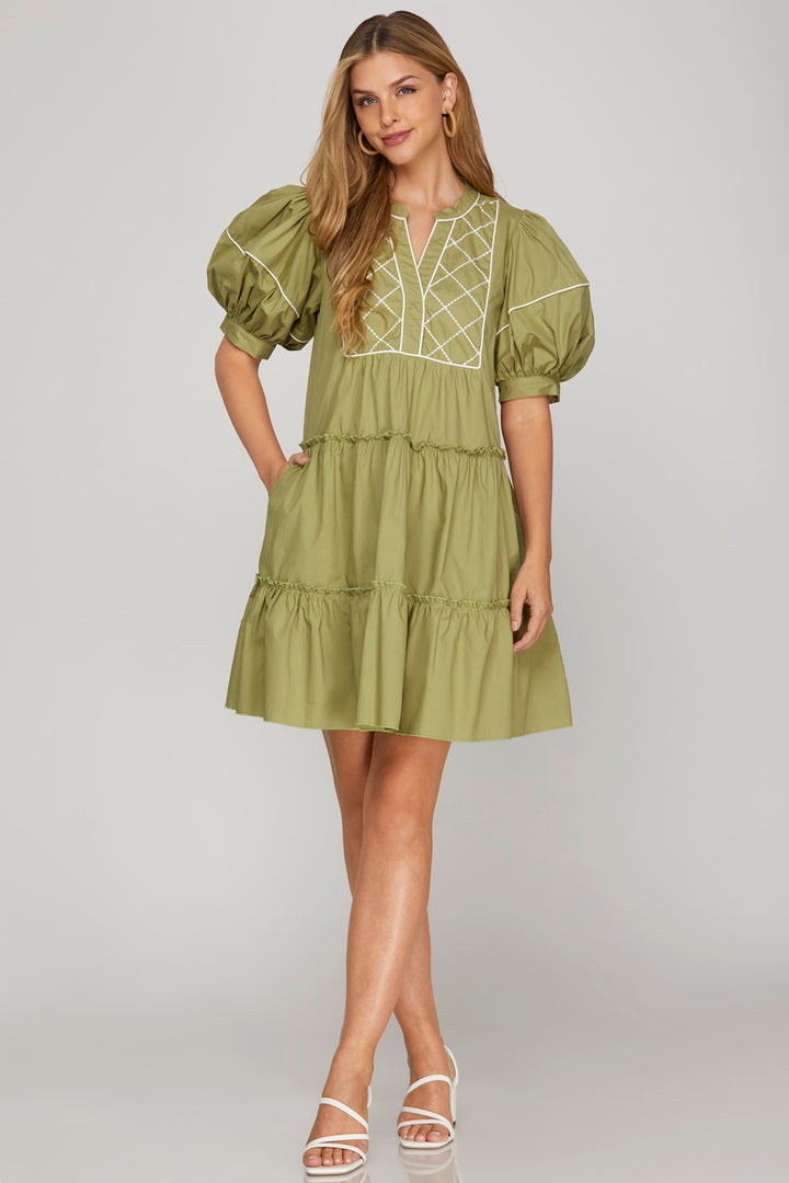 SAGE 1/2 SLEEVE EMBROIDERED TIERED WOVEN MINI DRESS-SKSY8419