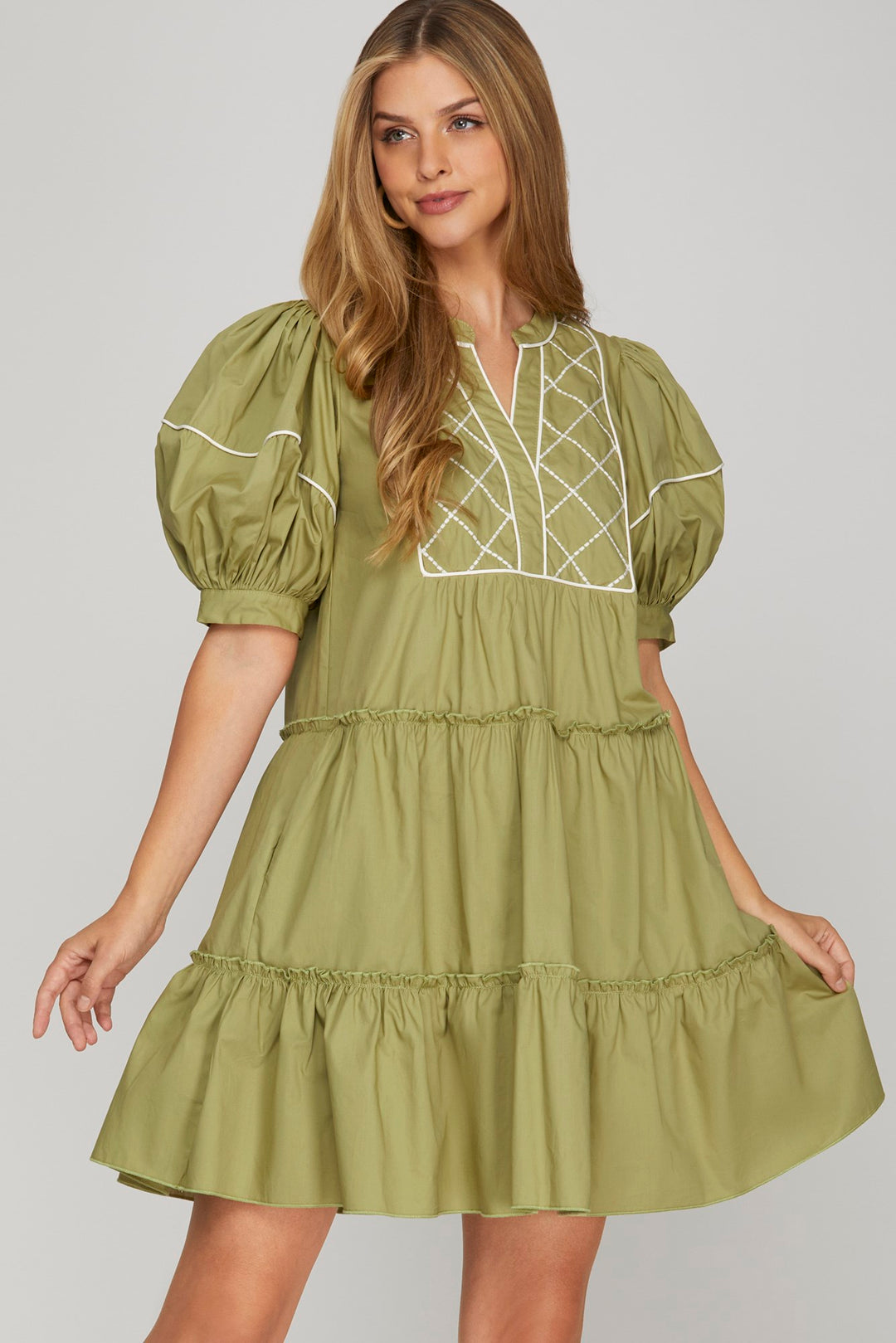 SKSY8419-Wholesale Sage 1/2 SLEEVE EMBROIDERED TIERED WOVEN MINI DRESS