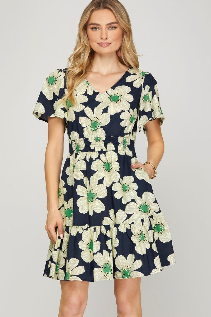 NAVY FLUTTER SLEEVES SMOCKED WAIST WOVEN MINI DRESS S15SY8522