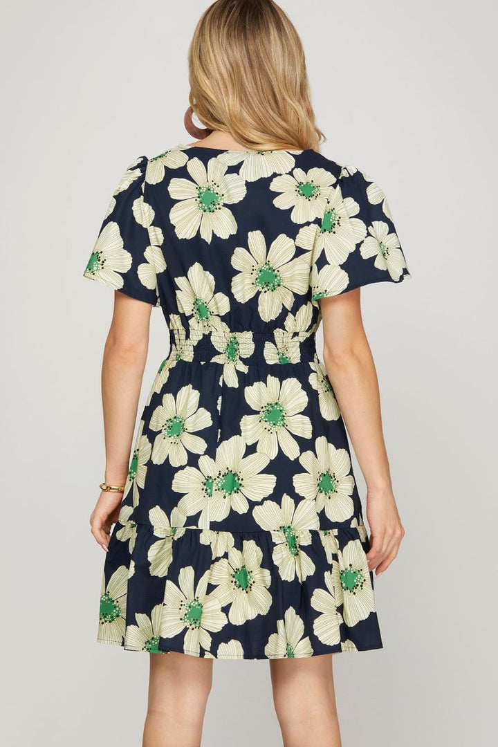 NAVY FLUTTER SLEEVES SMOCKED WAIST WOVEN MINI DRESS S15SY8522