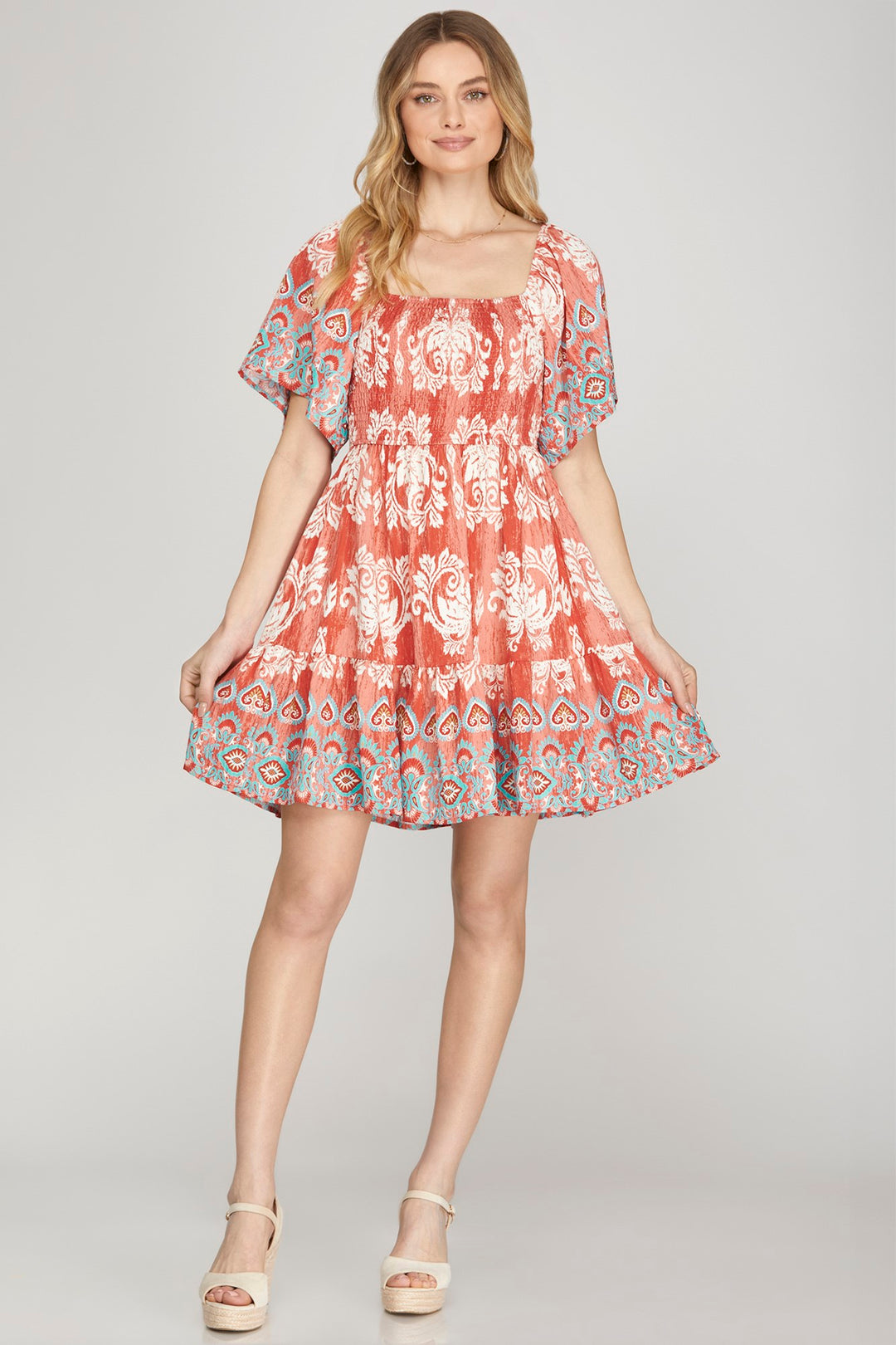 SKSY8665-Wholesale Red SMOCKED BORDER PRINT WOVEN MINI DRESS