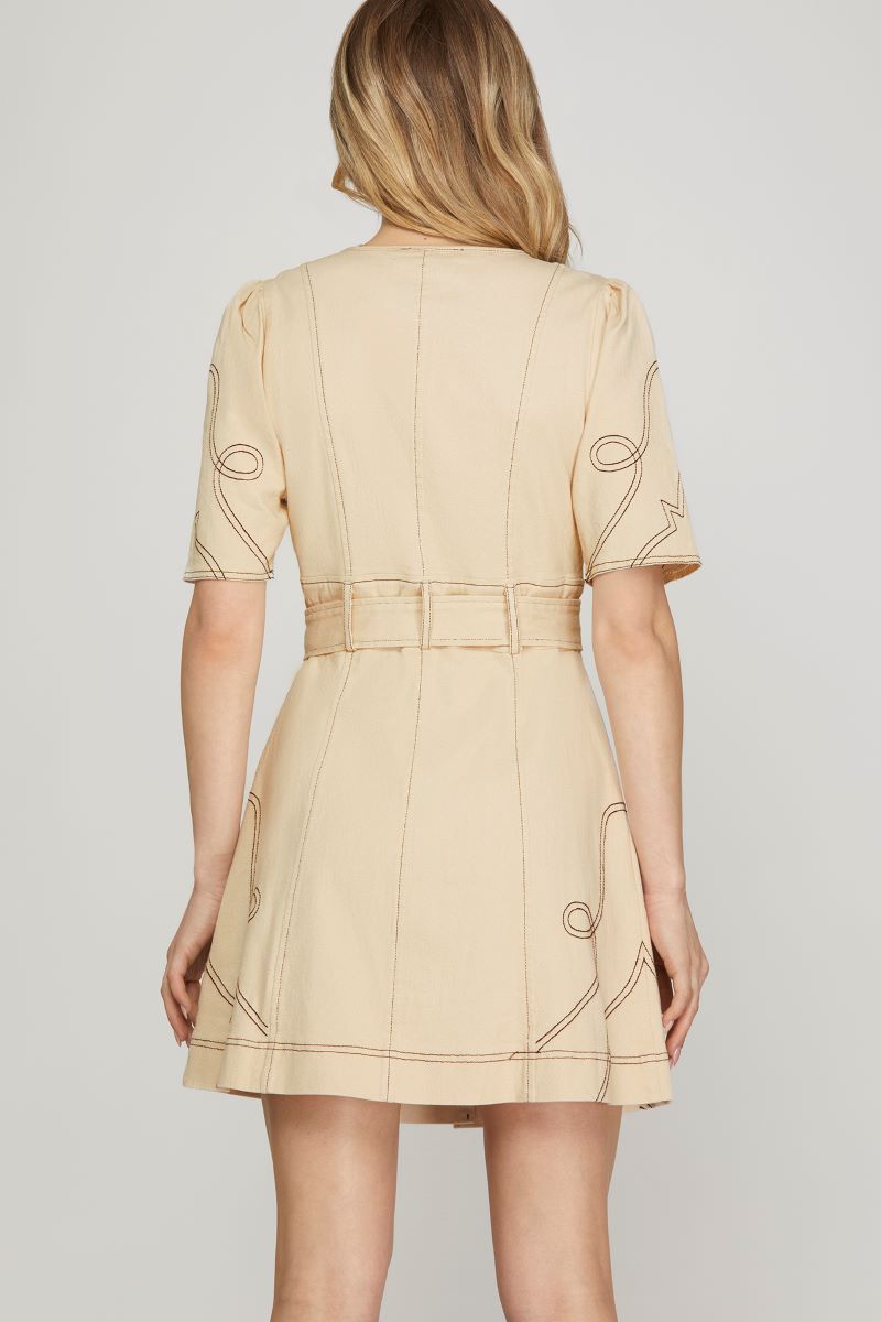 BUTTON DOWN EMBROIDERED MINI DRESS SKSY8706-