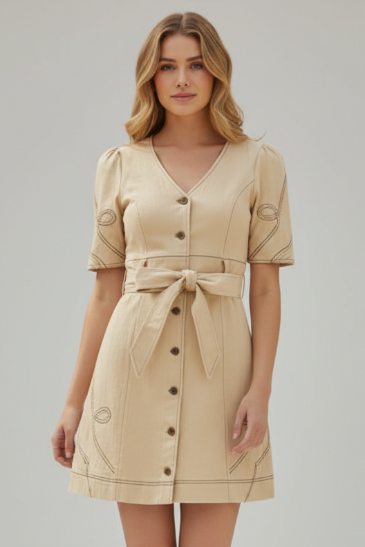 BUTTON DOWN EMBROIDERED MINI DRESS SKSY8706-