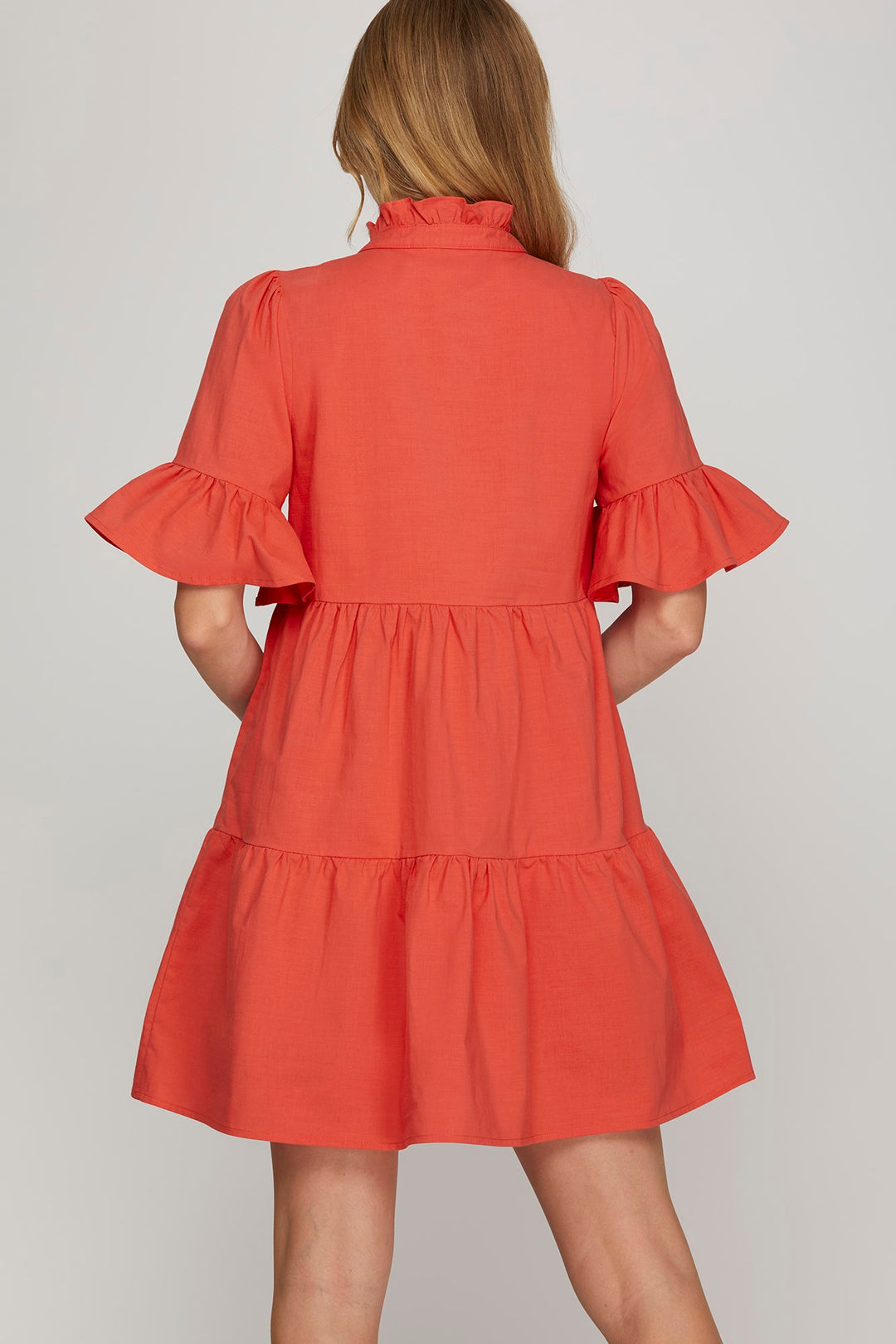 TOMATO BELL SLEEVE RUFFLE NECK BUTTON DOWN MINI DRESS-SKSY8729
