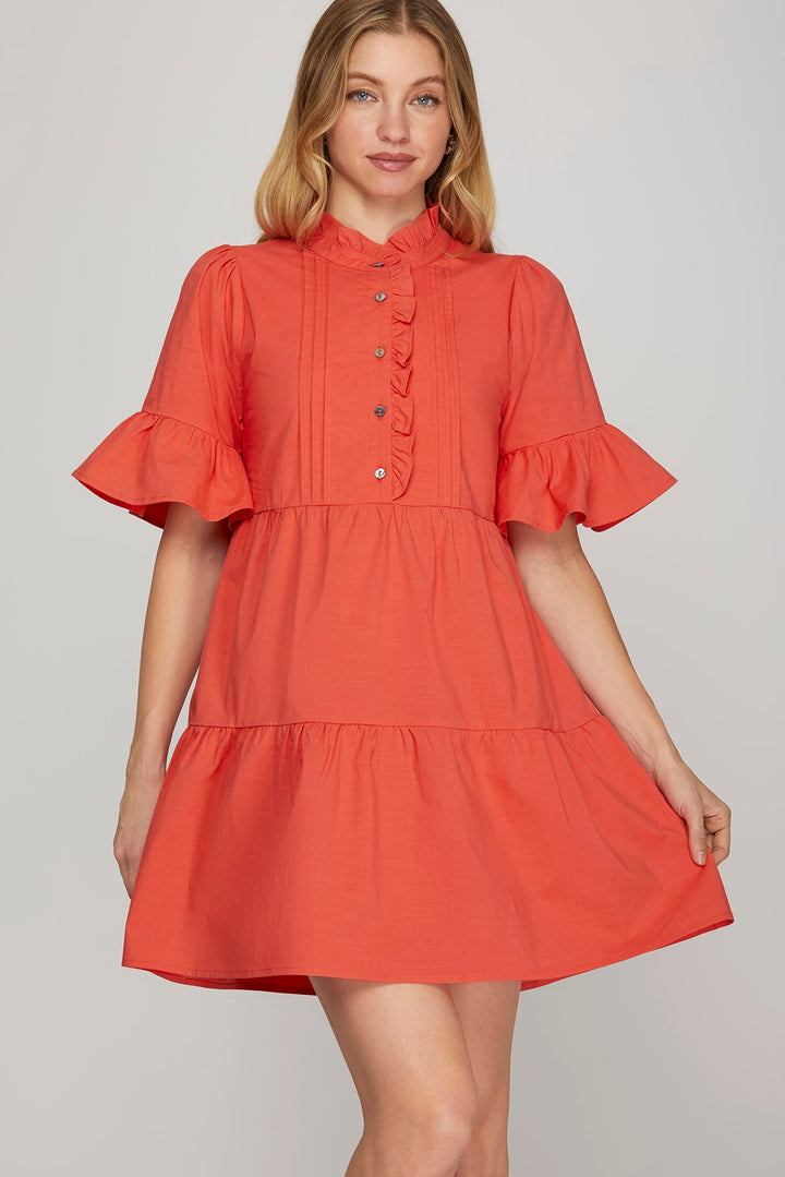 SKSY8729-Wholesale Tomato BELL SLEEVE RUFFLE NECK BUTTON DOWN MINI DRESS