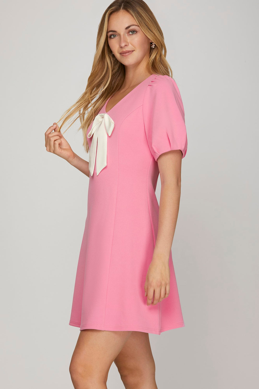PINK SHORT SLEEVE HEAVY KNIT V NECK MINI DRESS-SKSY8824