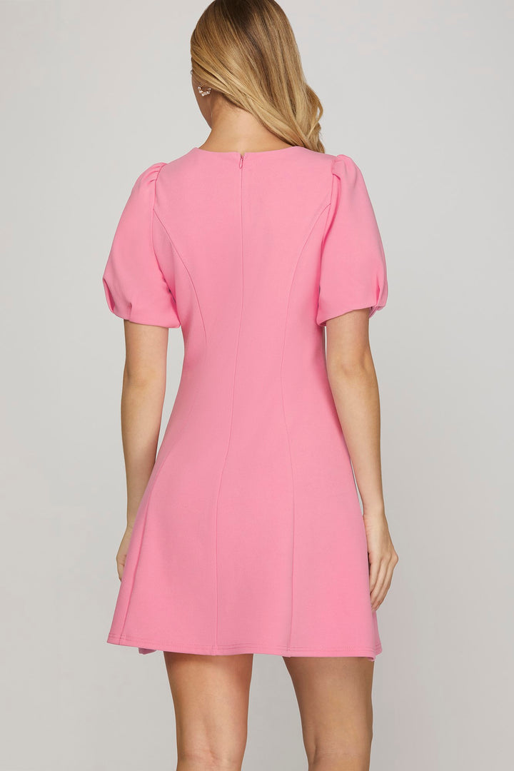 PINK SHORT SLEEVE HEAVY KNIT V NECK MINI DRESS-SKSY8824