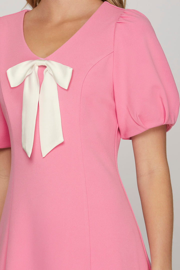 PINK SHORT SLEEVE HEAVY KNIT V NECK MINI DRESS-SKSY8824