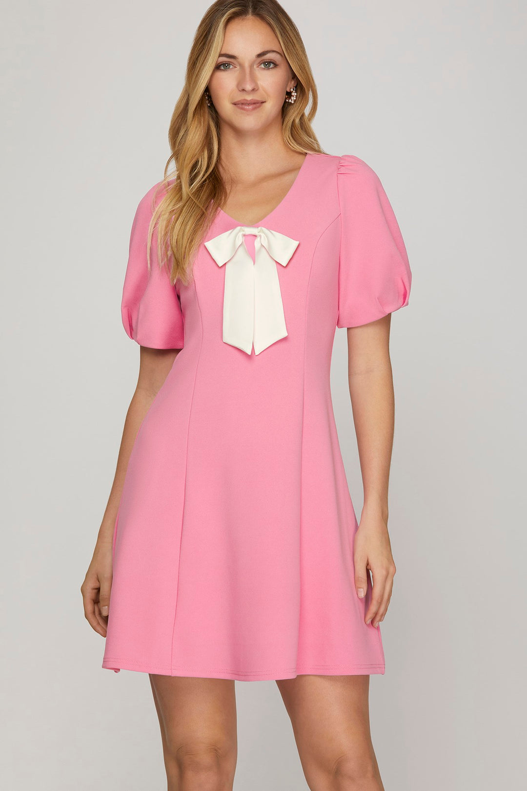 SKSY8824-Wholesale Pink SHORT SLEEVE HEAVY KNIT V NECK MINI DRESS