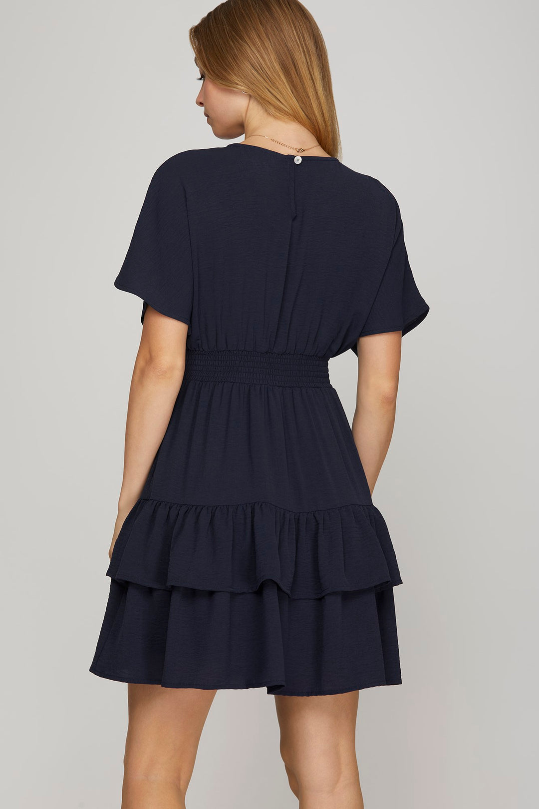 NAVY WOVEN WAIST SMOCKING TIERED MINI DRESS-SKSY8837