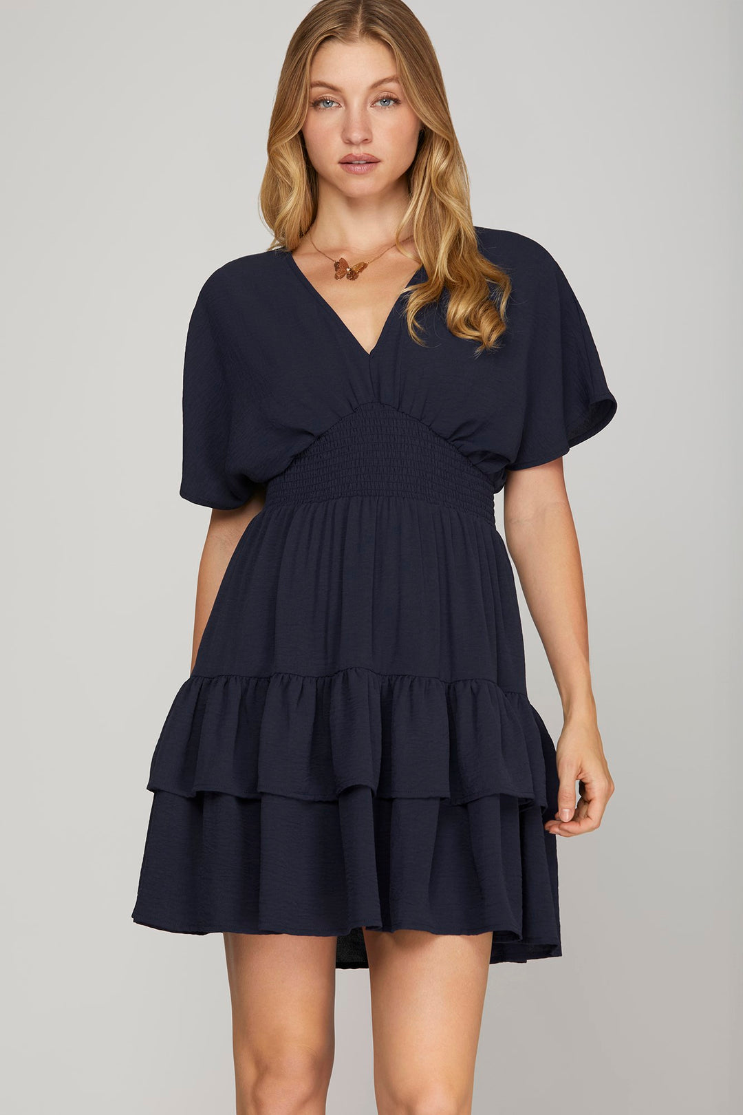 SKSY8837-Wholesale Navy WOVEN WAIST SMOCKING TIERED MINI DRESS