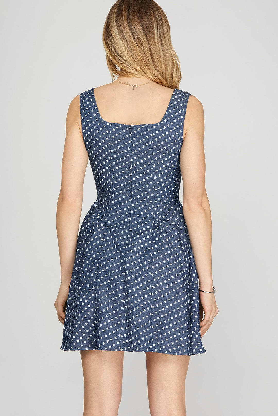 BLUE SLEEVELESS STAR PRINTED CHAMBRAY WOVEN MINI DRESS-SKSY8926