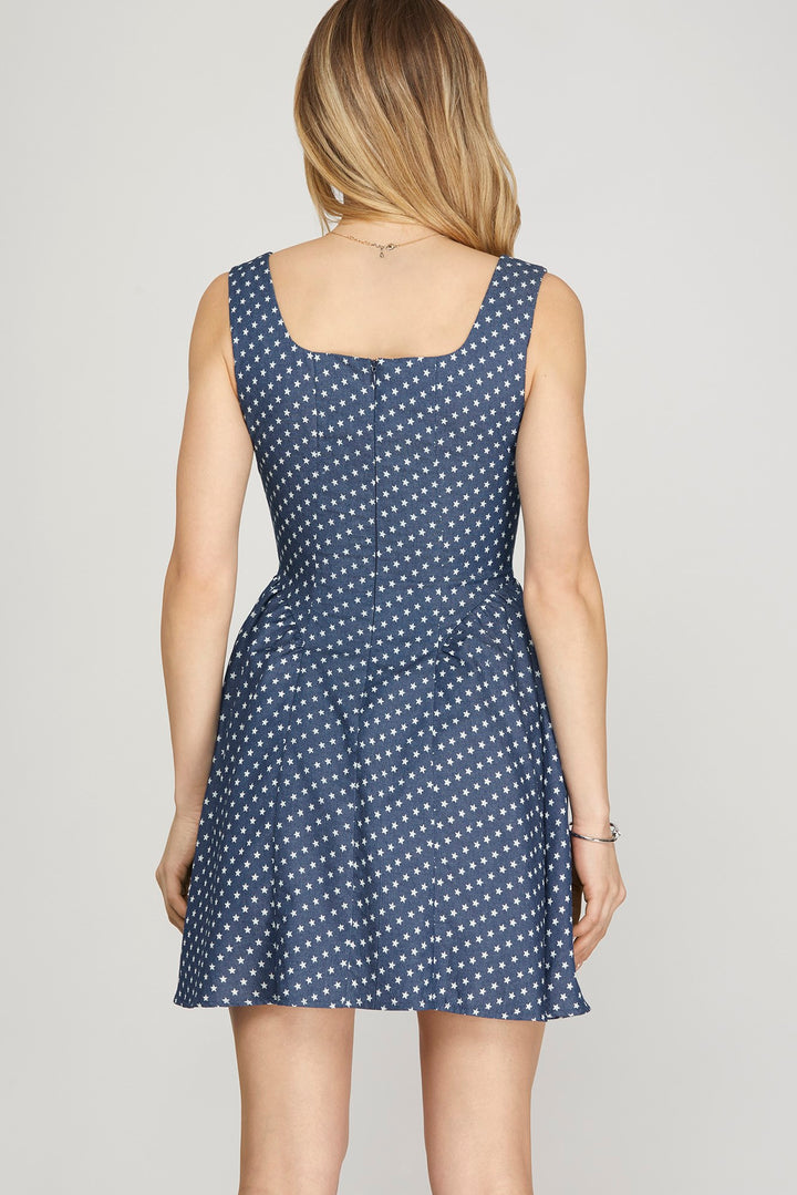 BLUE SLEEVELESS STAR PRINTED CHAMBRAY WOVEN MINI DRESS-SKSY8926