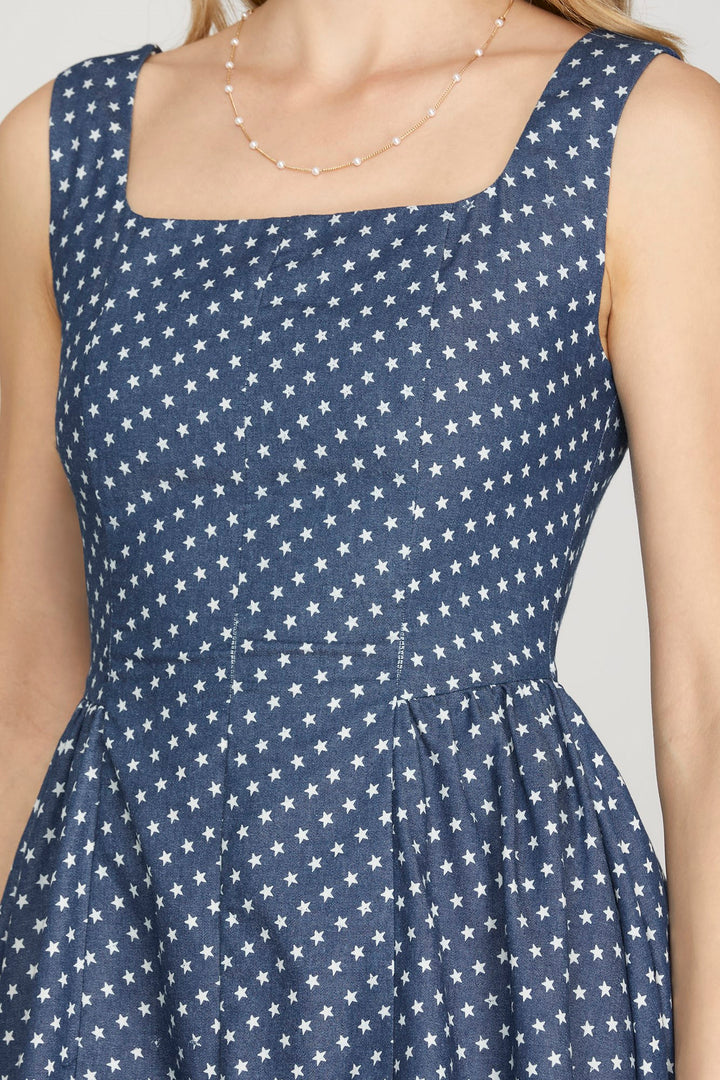 BLUE SLEEVELESS STAR PRINTED CHAMBRAY WOVEN MINI DRESS-SKSY8926