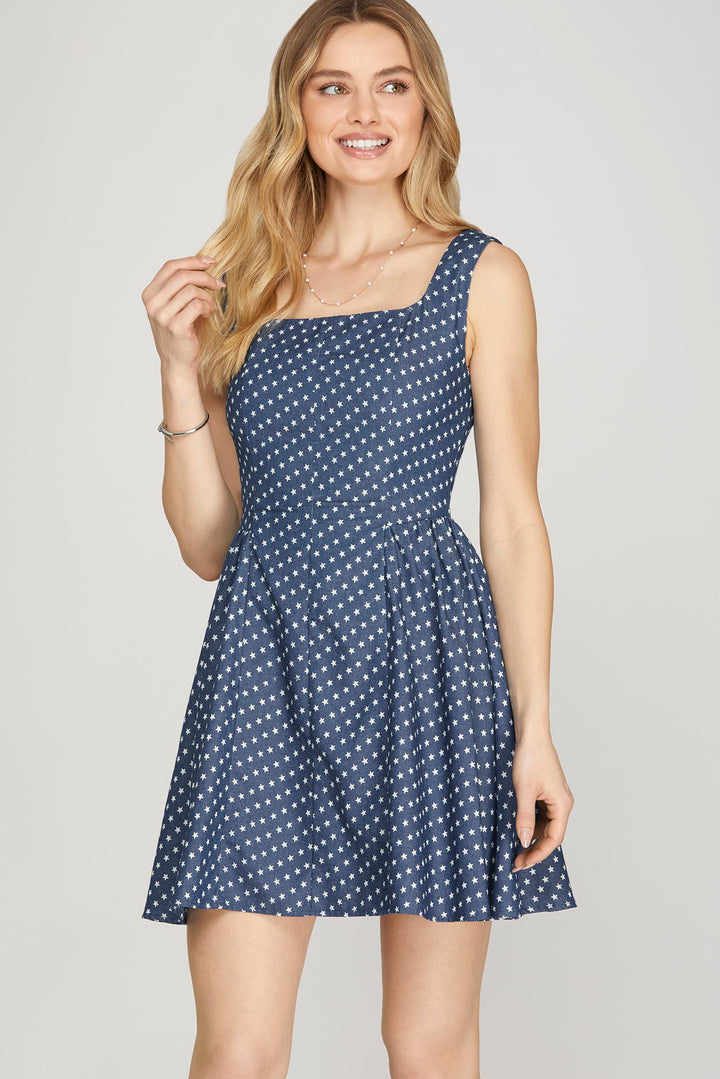 SKSY8926-Wholesale Blue SLEEVELESS STAR PRINTED CHAMBRAY WOVEN MINI DRESS