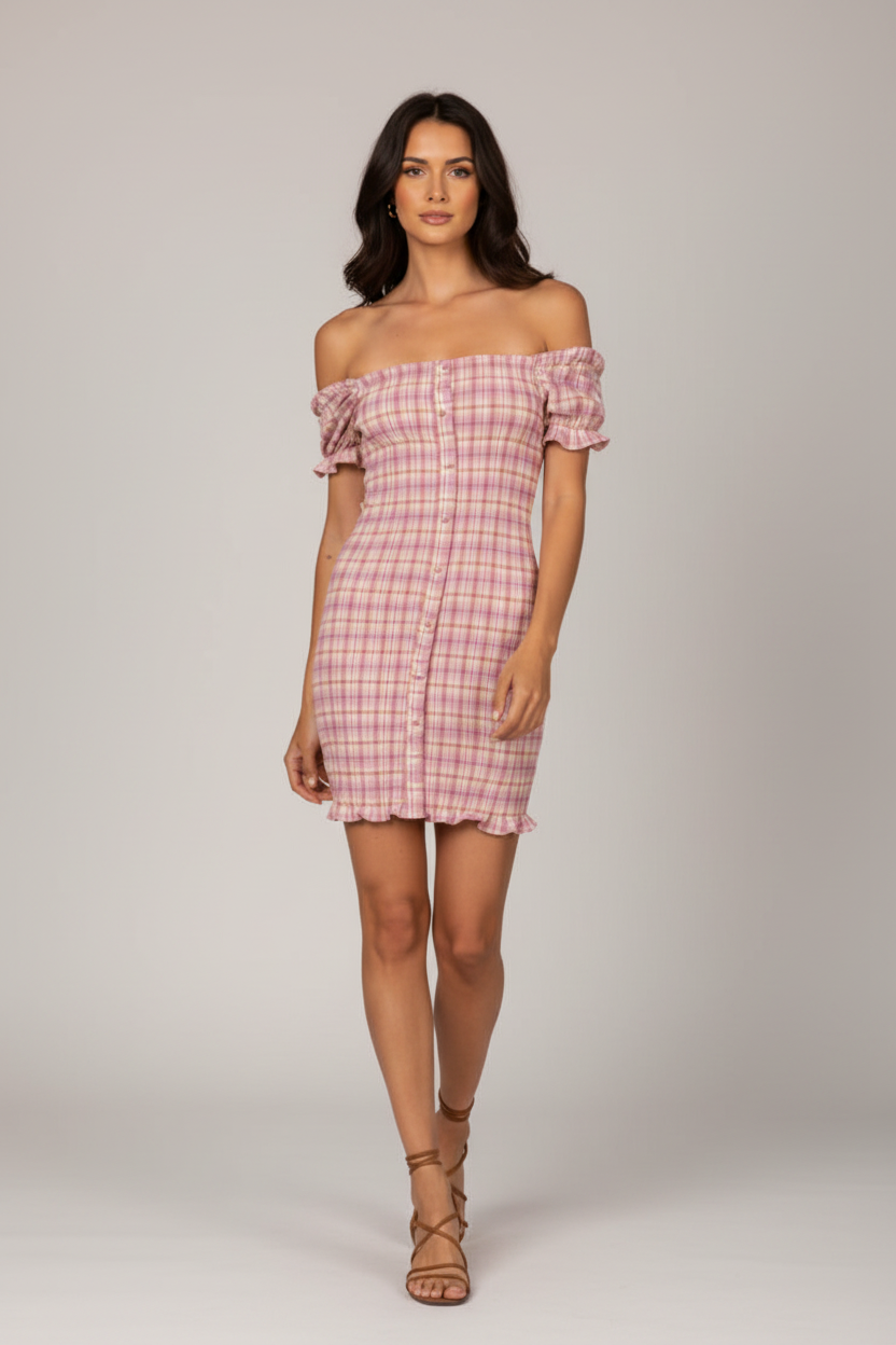PINK TIERED PUFF SLEEVES BODYCON MINI DRESS AS106