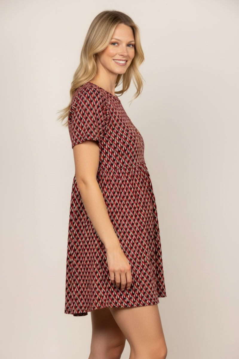 RED CHEVRON PRINT SHORT SLEEVES PLUS SIZE MINI DRESS D5105X-2