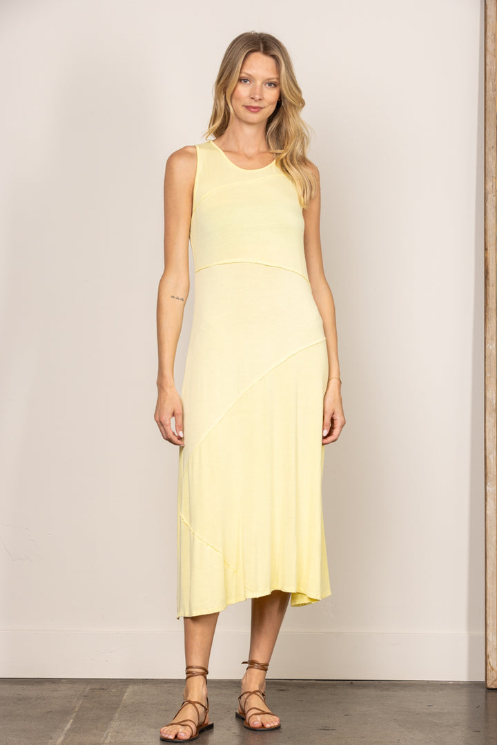YELLOW ROUND NECK SLEEVELESS RAW DETAILED MAXI DRESS D7428