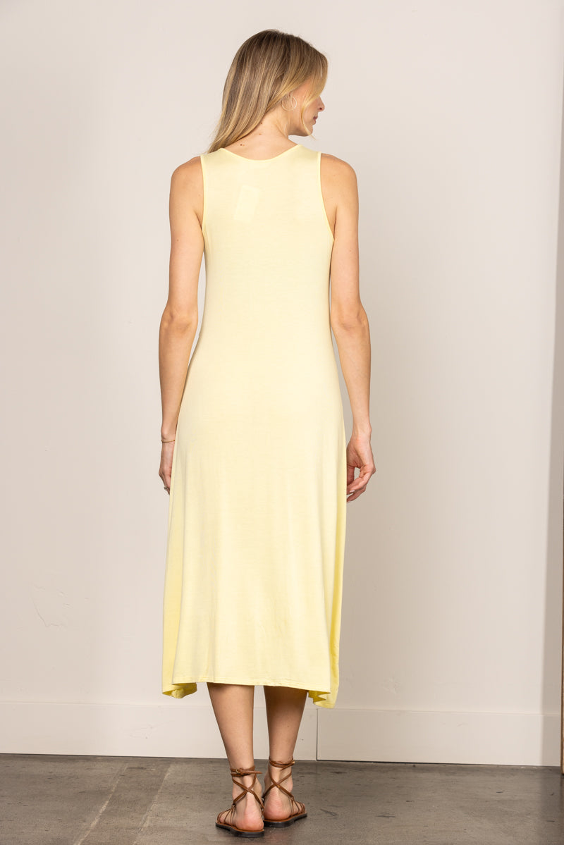 YELLOW ROUND NECK SLEEVELESS RAW DETAILED MAXI DRESS D7428