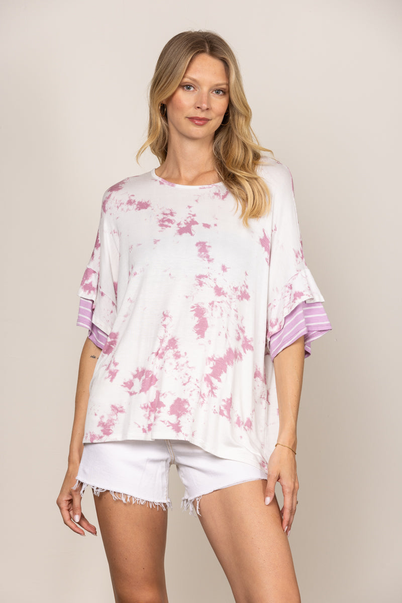WHITE ROUND NECK RUFFLE DOLMAN SLEEVES CONTRAST TOP T1924-2
