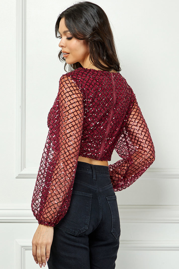 BURGUNDY SWEETHEART LONG SLEEVES CROP TOP AVT10386W